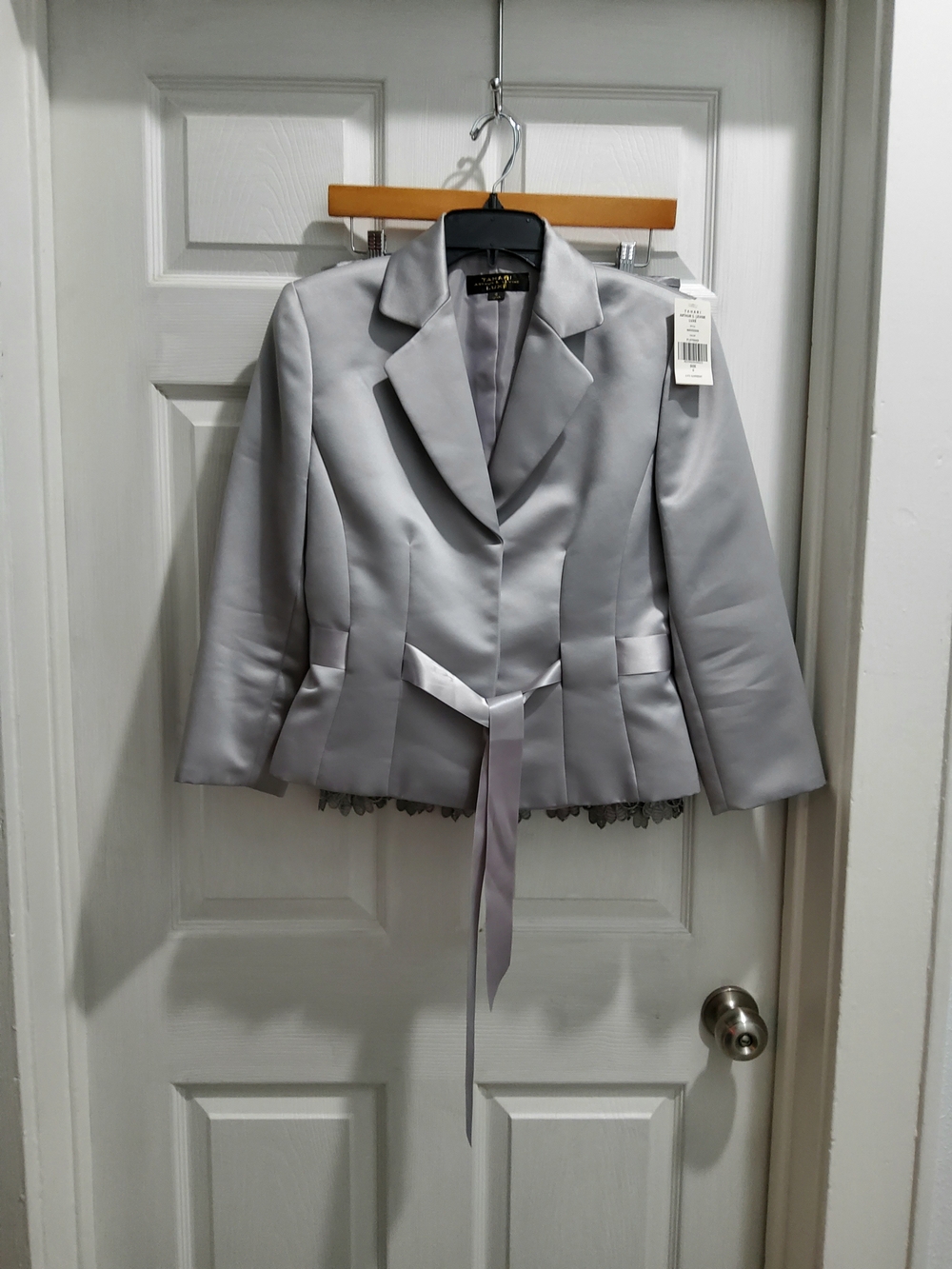 Elegant Satin Gray Women's Blazer with Waist Tie And Skirt